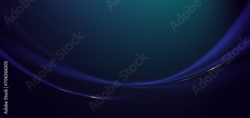 Luxury dark blue background with golden line curved and lighting effect sparkle.