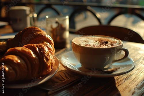 A simple and inviting scene with a plate of croissants and a cup of coffee on a table.