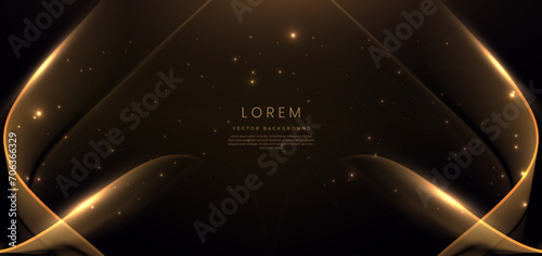 Gold curved ribbon on black background with lighting effect and sparkle with copy space for text. Luxury design style.