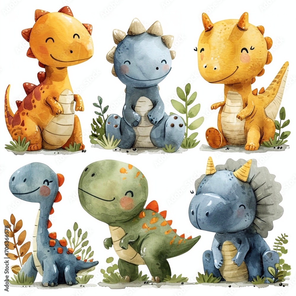 Super-cute set of dinosaurs, simple watercolor, cartoon character, clean drawing, using pale pastel color ,softly painting, Perfect for nursery art illustration style, single object