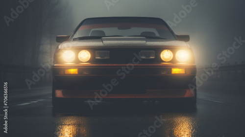 A classic car on a foggy road with headlights piercing through the mist  creating a mysterious and dramatic scene.