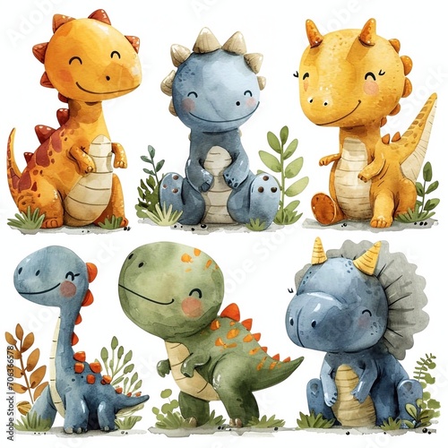 Obraz na płótnie Super-cute set of dinosaurs, simple watercolor, cartoon character, clean drawing, using pale pastel color ,softly painting, Perfect for nursery art illustration style, single object w salonie
