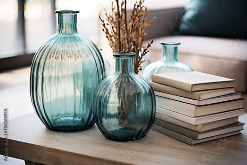 Home decor in marine style, glass blue vases with dry branches and books on table. Interior details of living room of country cottage at summer resort.
