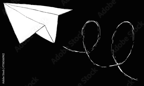 Hand drawn paper airplaine on an irregular black and grey background