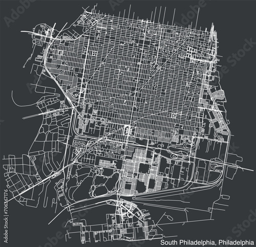 Detailed hand-drawn navigational urban street roads map of the SOUTH PHILADELPHIA neighborhood of the American city of PHILADELPHIA, PENNSYLVANIA with vivid road lines and name tag on solid background