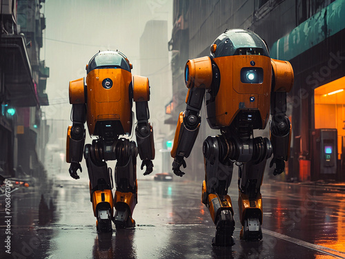 Two fire fighter robots are walking down a street. in a dark mode 