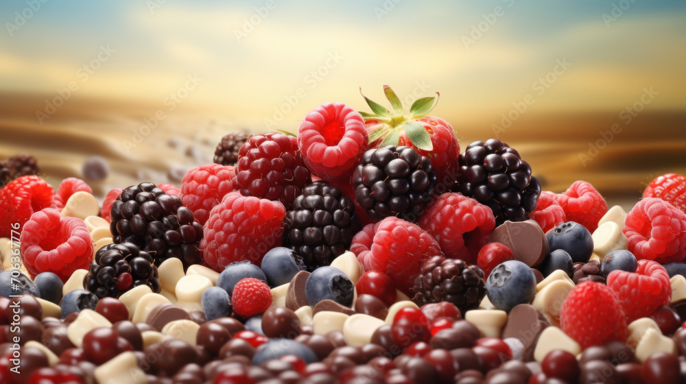 A delicious mix of berries and chocolates scattered on golden desert sands, evoking a sense of indulgent oasis.