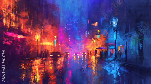 Colorful painting of night street.illustration