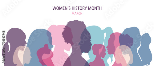 Women's History Month banner.Vector illustration with silhouettes of women of different nationalities.