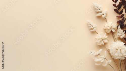 A minimalist design background in beige featuring a white floral arrangement  perfect for a subtle and elegant presentation.