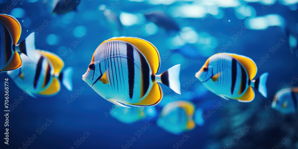 Fototapeta premium An underwater scene with colorful tropical fish swimming among the blue depths, highlighting the beauty of marine life.
