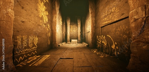 Illuminated corridor of an abandoned sacred temple in the rocks. Fantasy scene. 3D illustration.