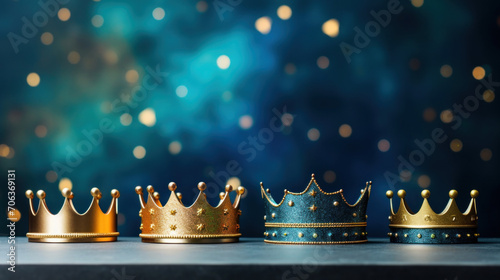 A collection of regal crowns against a dark, sparkling backdrop symbolizes royalty, elegance, and power.
