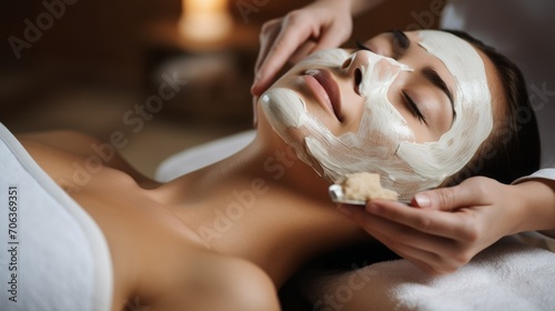Close-up of a cosmetologist applying a white mask, cream, scrub to the face of an attractive young woman in a beauty salon. Spa treatments, beauty, care, skin cleansing concepts.