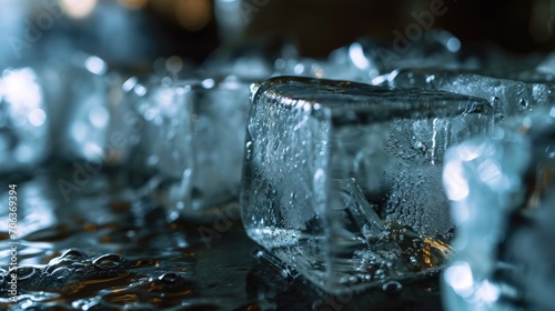 Ice cubes arranged in a group on a table, perfect for refreshing summer concepts or beverage advertisements