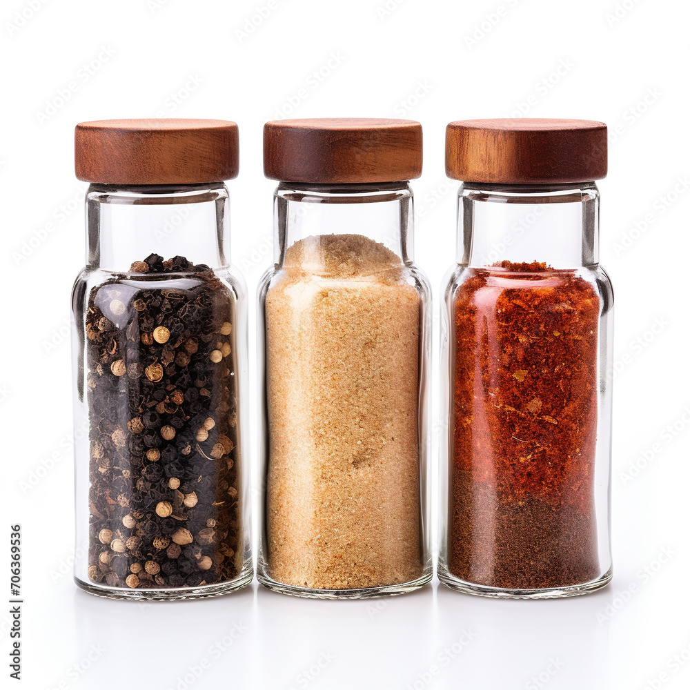 Three spices in glass shaker with black cap on white background Three spices in glass shaker with black cap on white background
