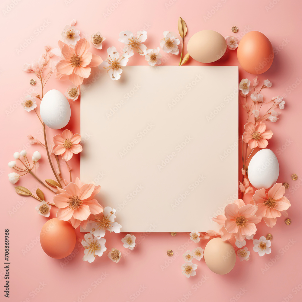 Beautiful easter card with copy space flowers and easter eggs in peach fuzz colors