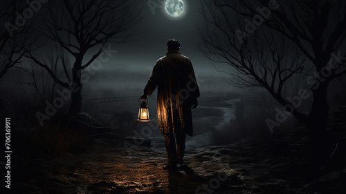 person walks in the night with lantern 