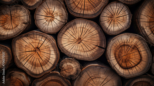 Closeup of wood, woodpile with trunks or logs, brown dry timber as natural background texture photo
