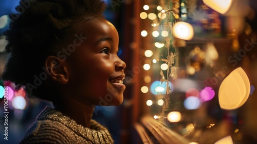 A young girl gazes out a window, captivated by the shimmering Christmas lights. This image can be used to evoke the joy and wonder of the holiday season