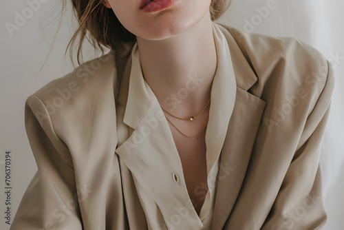 fashion interior photo of beautiful sensual woman with dark hair in elegant beige brown open-front blazer and accessories posing in studio. photo