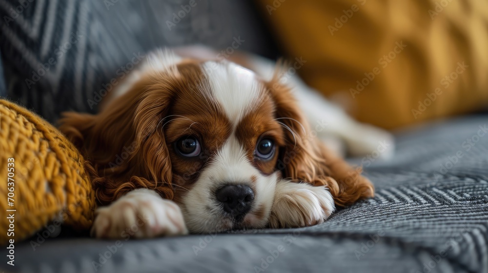 A photo of a cute red and white Cavalier King Charles Spaniel puppy lying at home on the couch
