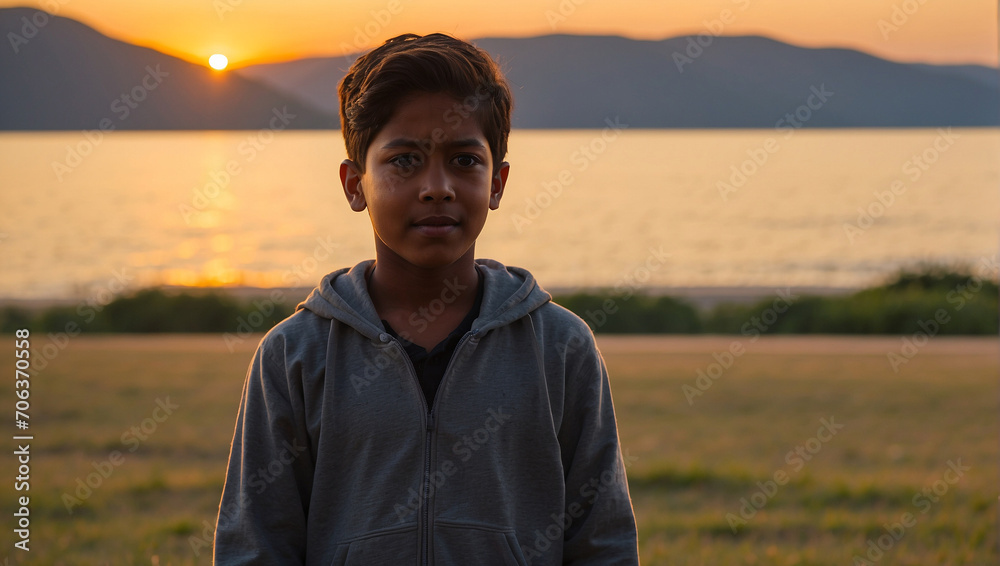 A boy standing and looking the river and sunset