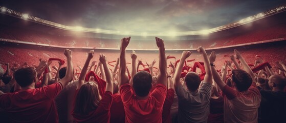 football Fans in red shirt show hands celebration on big stadium during football game