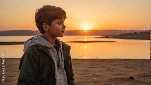 A boy standing and looking the river and sunset