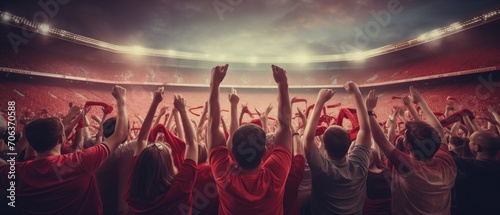 football Fans in red shirt show hands celebration on big stadium during football game