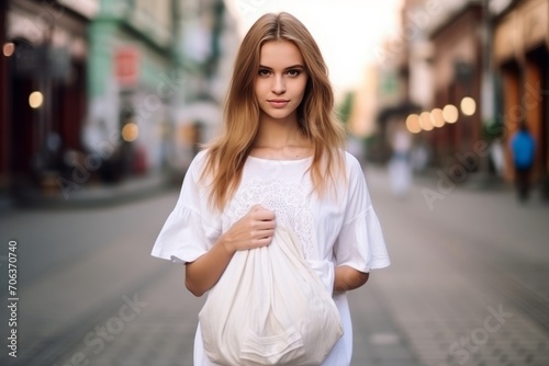 Girl in white t-shirt holding canvas bag for blank mockup template isolated on city background.