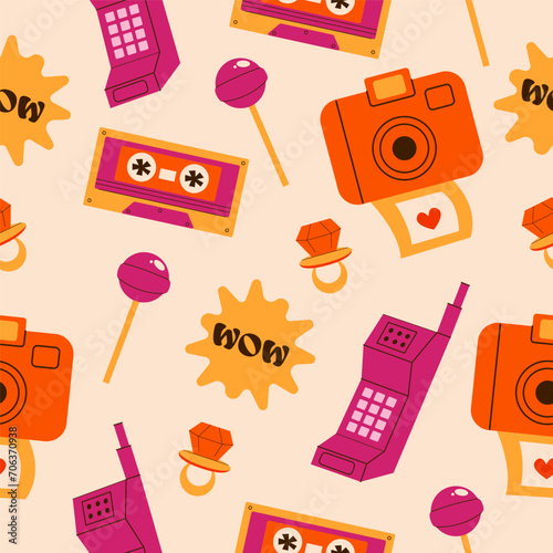 Flat vector illustration of seamless pattern in retro 90s and 80s style.