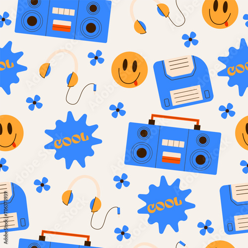 Flat vector illustration of seamless pattern in retro 90s and 80s style.