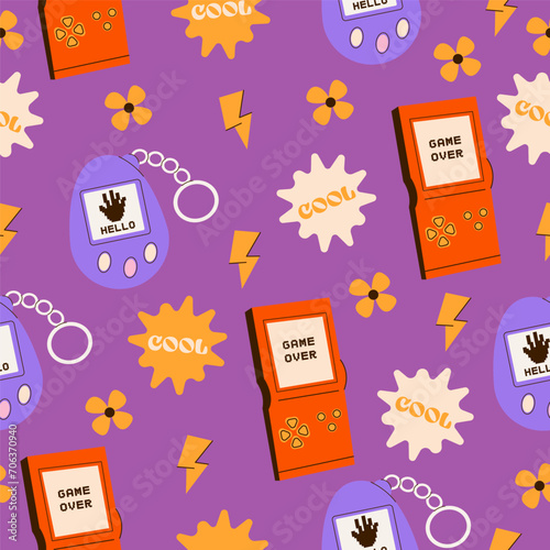 Flat vector illustration of seamless pattern in retro 90s and 80s style.
