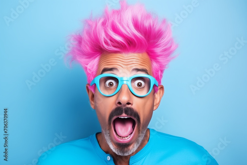 Pink hair. Young shocked guy wearing casual clothes and glasses celebrating shocked of surprised open eyes wide. What just happened. Portrait of a shocked young man wears glasses on colour background. photo