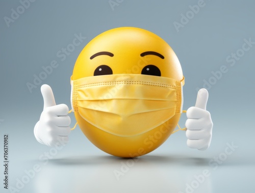 Yellow Smiley Face Wearing Protective Mask Giving Thumbs Up