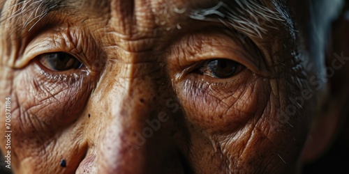 Close-up view of a person's face with prominent wrinkles. Perfect for illustrating aging, skincare, or the effects of time on the skin