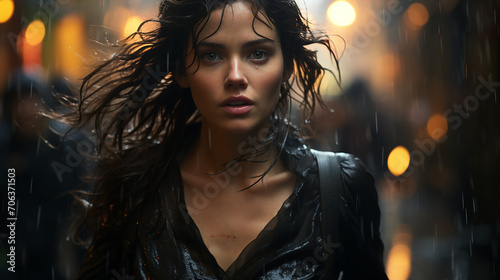 Closeup portrait of a woman running in the rain