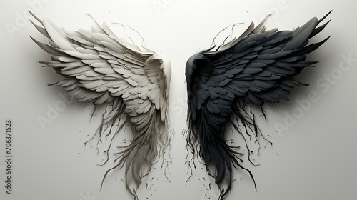 Two figures of angels opposite each other, white and black. Confrontation between good and evil photo
