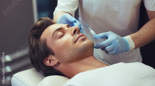 Close-up of a handsome man lying on a couch while a cosmetologist prepares to make a rejuvenating filler injection for problem areas of the face in the clinic. Spa treatments  beauty  concepts.