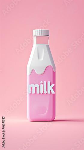 Creative pink bottle of milk on soft pink background. Close-up. Creative milk bottle packaging idea.