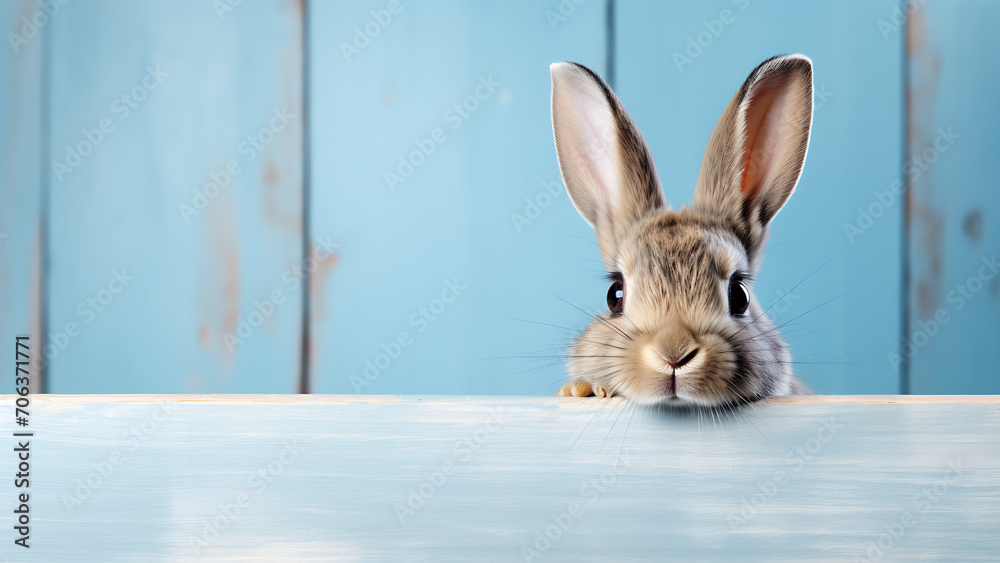 Rabbit peeks out from behind a wooden plank. Rabbit peeks out from behind a wooden plank.