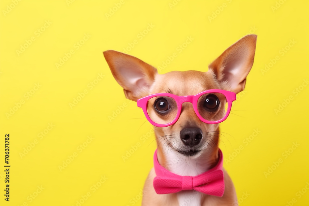 dog with sunglasses. Dog wearing cool glasses on colored background. Funny dog with glasses. yellow banner. Back to school. dog in glasses. Cool nerd style. Creative animal concept. dog with sunglasses. Dog wearing cool glasses on colored background. Funny dog with glasses. yellow banner. Back to school. dog in glasses. Cool nerd style. Creative animal concept.
