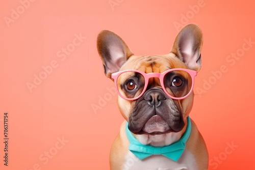 dog with sunglasses. Dog wearing cool glasses on colored background. Funny dog with glasses. yellow banner. Back to school. dog in glasses. Cool nerd style. Creative animal concept. 