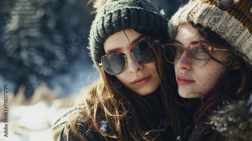 Two young women wearing winter hats and sunglasses. Suitable for fashion or winter-themed designs photo