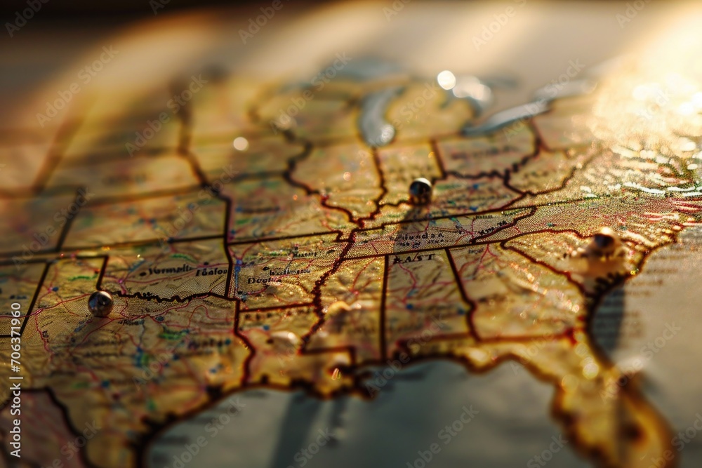 A detailed close-up view of a map of the United States. Suitable for educational purposes or illustrating travel destinations A detailed close-up view of a map of the United States. Suitable for educational purposes or illustrating travel destinations