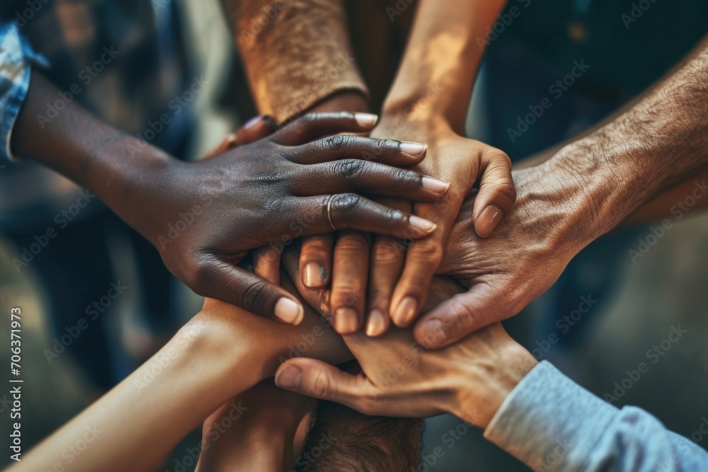 A picture of a group of people joining their hands together in unity. This image can be used to represent teamwork, collaboration, support, friendship, or unity in various contexts - obrazy, fototapety, plakaty 