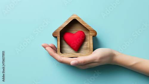 Woman's hand holding wooden house with red heart.