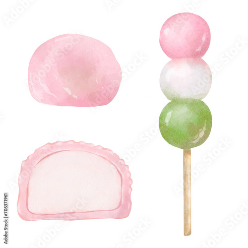 Set of traditional Japanese pink dessert for sakura blossom festival. Hand drawn illustration isolated on white background. Design element for menu, logo, packaging