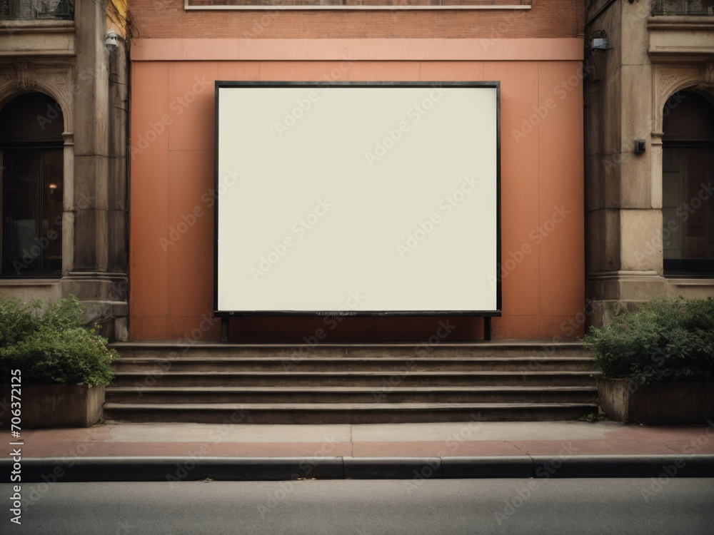 Blank street billboard in front of stairs. Generative AI Blank street billboard in front of stairs. Generative AI